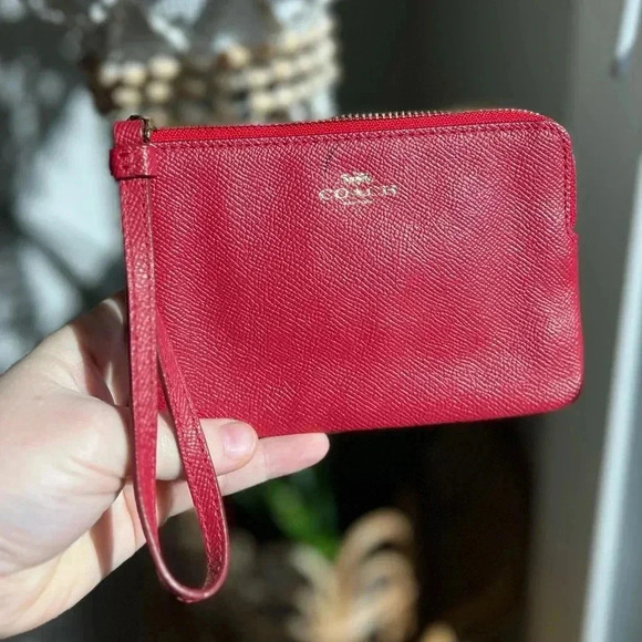 Coach Red Saffiano Leather Wristlet Pouch | Zip-Top Small Clutch | Wallet - Picture 11 of 11
